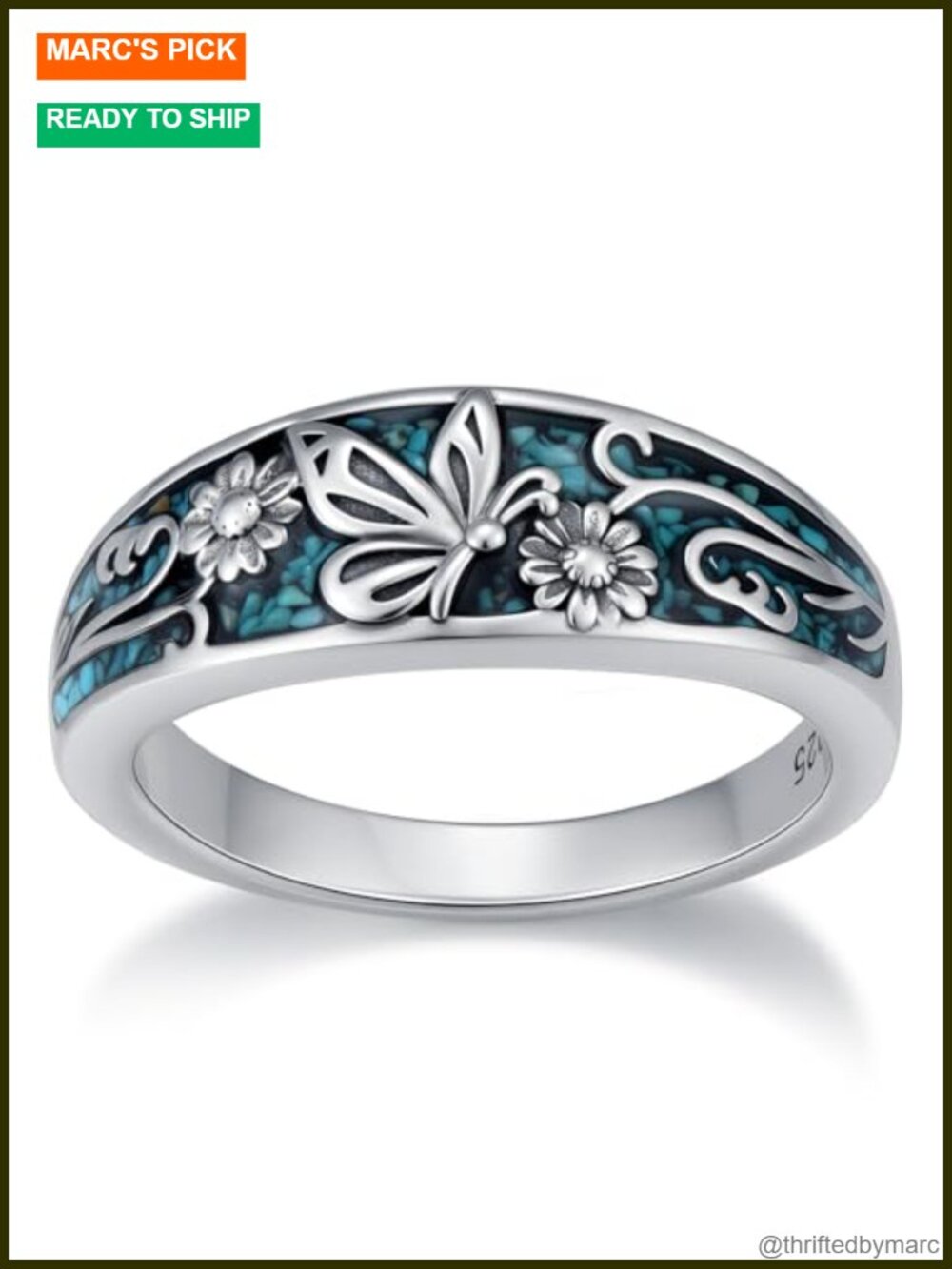 925 Sterling Silver Turquoise Butterfly Ring Boho Statement Jewelry Gift